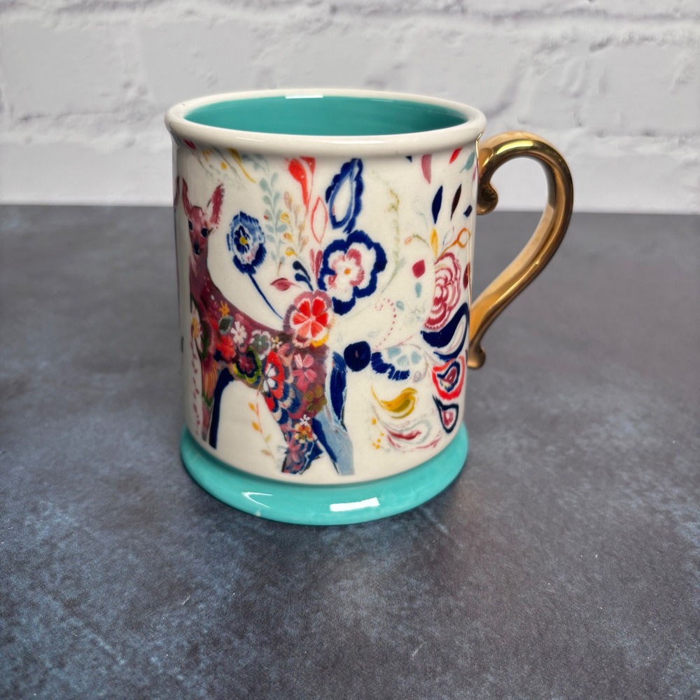 Anthropologie Folklore Fawn Starla Halfman Mug Gold Handle Whimsy Deer Colorful
